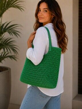 H&M Green Straw Woven Tote Bag